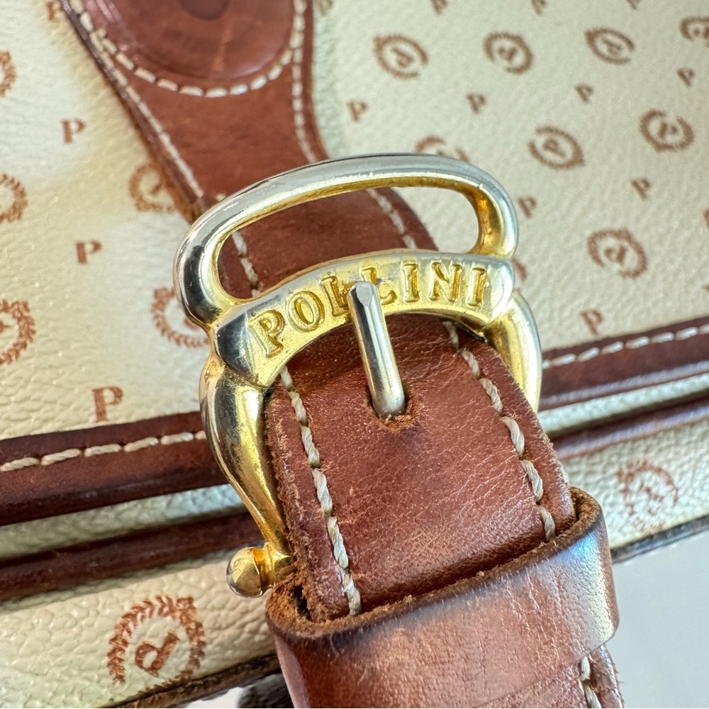 Vintage Pollini Italian Leather Logo Shoulder Bag Satchel Cream/Brown - Picture 4 of 14